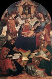 La Trinità, la Vergine, Arcangeli (SS. Michele e Gabriele) e due Santi (SS. Agostino ed Atanasio)