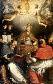 San Gregorio il Grande in trono sotto a un Ciborio con i Santi Ambrogio, Agostino, Girolamo, Cosma e Damiano